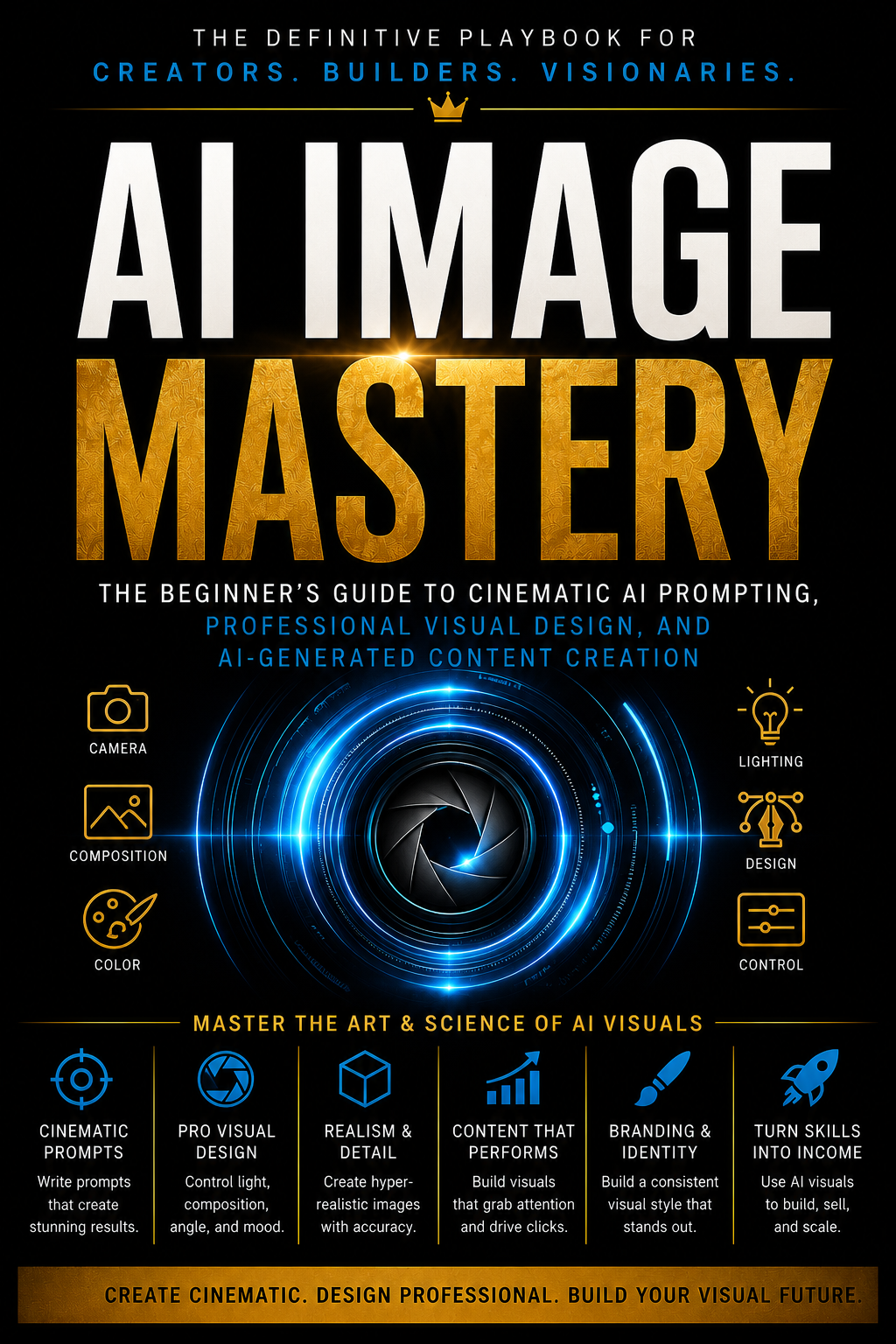Book cover of 'AI Image Mastery' with a camera lens graphic and text about AI prompting and visual design.